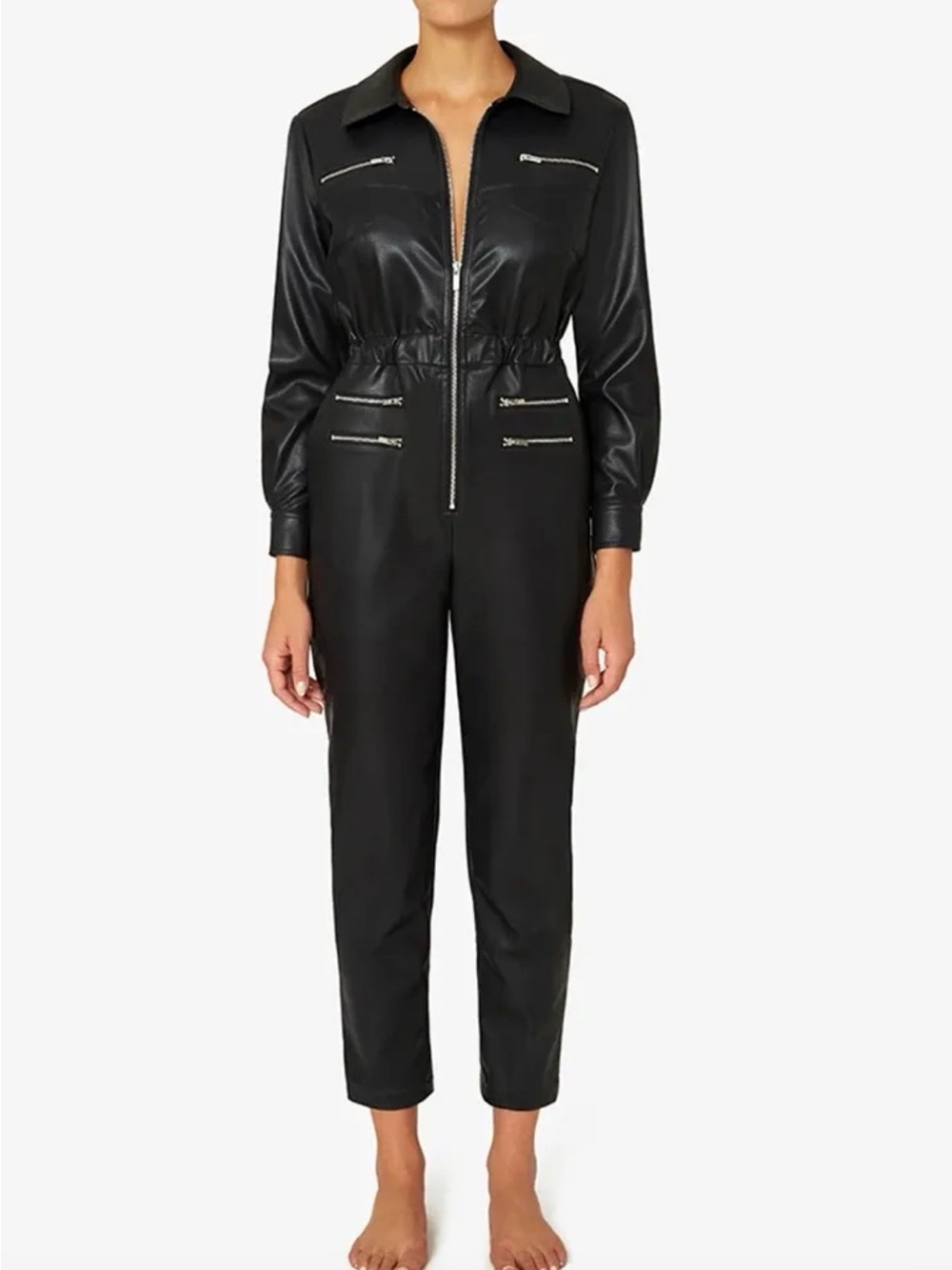 WEWOREWHAT Faux Leather Black Zip-Front Jumpsuit
